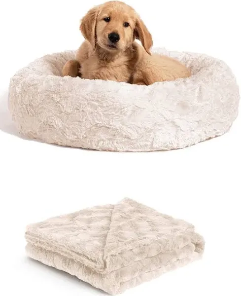 Best Friends by Sheri Bundle Set The Original Calming Lux Donut Cuddler Cat and Dog Bed + Pet Throw Blanket Oyster Small 23"