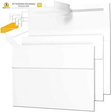 200 Pack 5x7 White Invitation Envelopes - For 5x7 Cards - A7 - (5 ¼ x 7 ¼ inches) - Perfect for Weddings, Graduation, Baby Shower - 120 GSM - Peel, Press & Self Seal - Square Flap