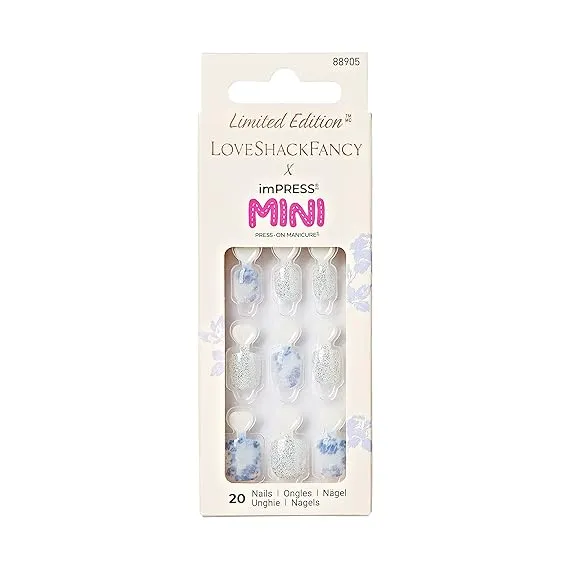 KISS LoveShackFancy x imPRESS Mini Press-On Manicure Limited Edition, Style " Hydrangea Blue " Kids Square Blue Press-On Nails, Includes Mini Nail File & 20 Kid Sized Fake Nails