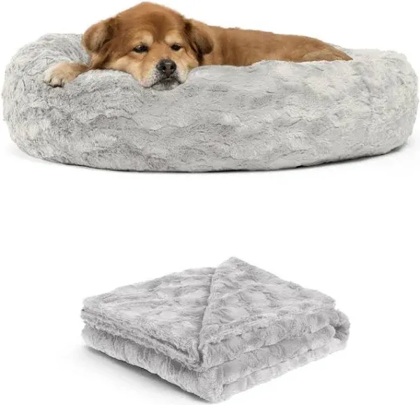 Best Friends by Sheri Bundle Set The Original Calming Lux Donut Cuddler Cat and Dog Bed + Pet Throw Blanket Gray Medium 30"