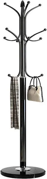 Kertnic Metal Coat Rack Stand with Natural Marble Base, Free Standing Hall Tree with 12 Hooks for Hanging Scarf, Bag, Jacket, Home Entry-way Hat Hanger Organizer (Black)