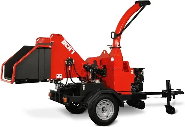 Twin Cylinder 713cc 25hp E-Start Gas Powered Hydraulic Feeding 7'' Inch Wood Chipper Shredder Mulcher with Towbar/Tail Light/Emergency Stop Bar,Model DCH7 Red