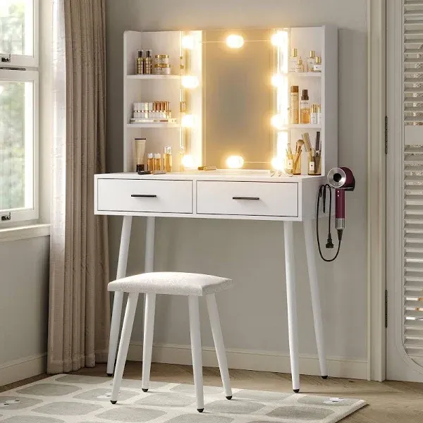 Furniouse Vanity Desk, Vanity Mirror with Lights, Makeup Table Set with Drawers, Vanity Set for Bedroom with 3 Lighting Modes Studio Black