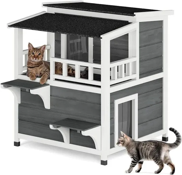 Rockever Luxury Outdoor Cat House, 2 Story Feral Cat Houses for Outdoor Indoor Wooden Cat Shelter Weatherproof with Escape Door & Cat Scratching Post