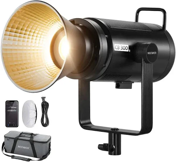 NEEWER CB300B 320W LED Video Light with 2.4G/APP Remote Control, All Metal Bi Color COB Continuous Output Lighting with Bowens Mount 150000lux/1m 2700K-6500K CRI/TLCI97+ 12 Effects for Video Recording