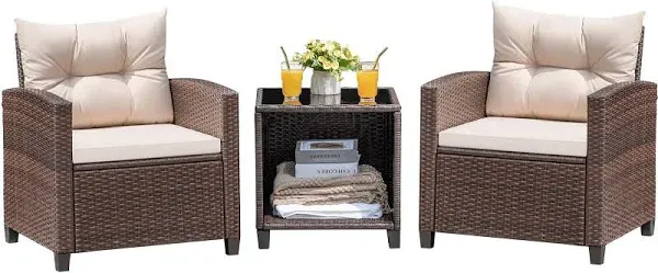 Shintenchi 3 Pieces Patio Furniture Set 3 Pieces PE Rattan Wicker Chairs with Table Outdoor Furniture for Backyard/Garden/Poolside/Outdoor Restaurant Gary Rattan with Gary Cushion