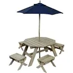 Kidkraft Wooden Octagon Table, Stools & Umbrella Set, Kids’ Outdoor Furniture, Barnwood Gray & Navy