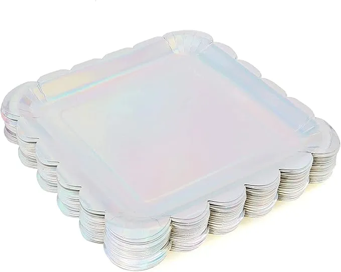 Sparkle and Bash 48-Pack Holographic Silver Foil Square Paper Plates, Scalloped Edge (9 in)