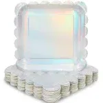 Sparkle and Bash 48-Pack Holographic Silver Foil Square Paper Plates, Scalloped Edge (9 in)