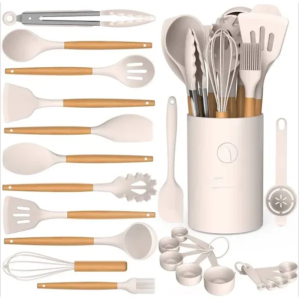 Silicone Cooking Utensils Set - Kitchen Utensils for Cooking Wooden Handles