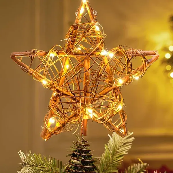 Joiedomi 10 Inch 50 LED Rustic Rattan Star Tree Toppers