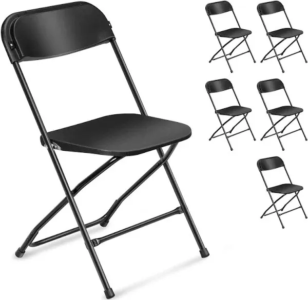 Black Plastic Folding Chairs, Indoor Outdoor Portable Stackable Commercial Seat with Steel Frame 350lbs, Set of 6