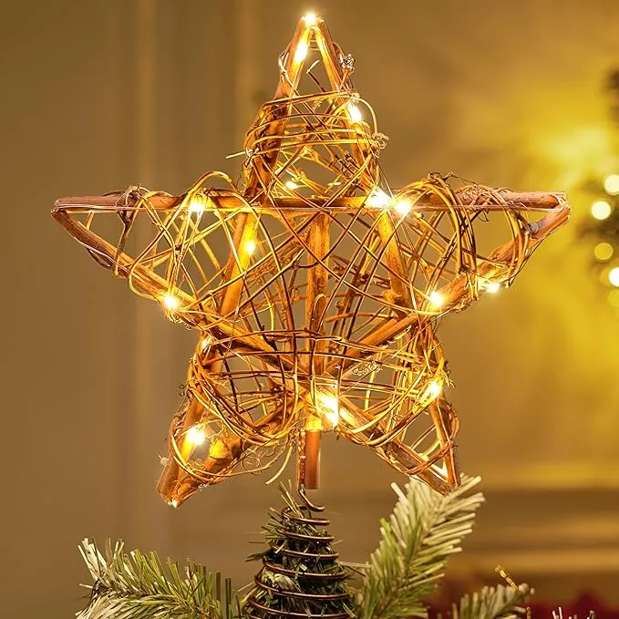 Joiedomi 10 Inch Christmas Tree Toppers, 50 LED Rustic Rattan Star Tree Topper Lighted with Lights for Xmas Tree Decorations, Holiday Party Indoor Decor