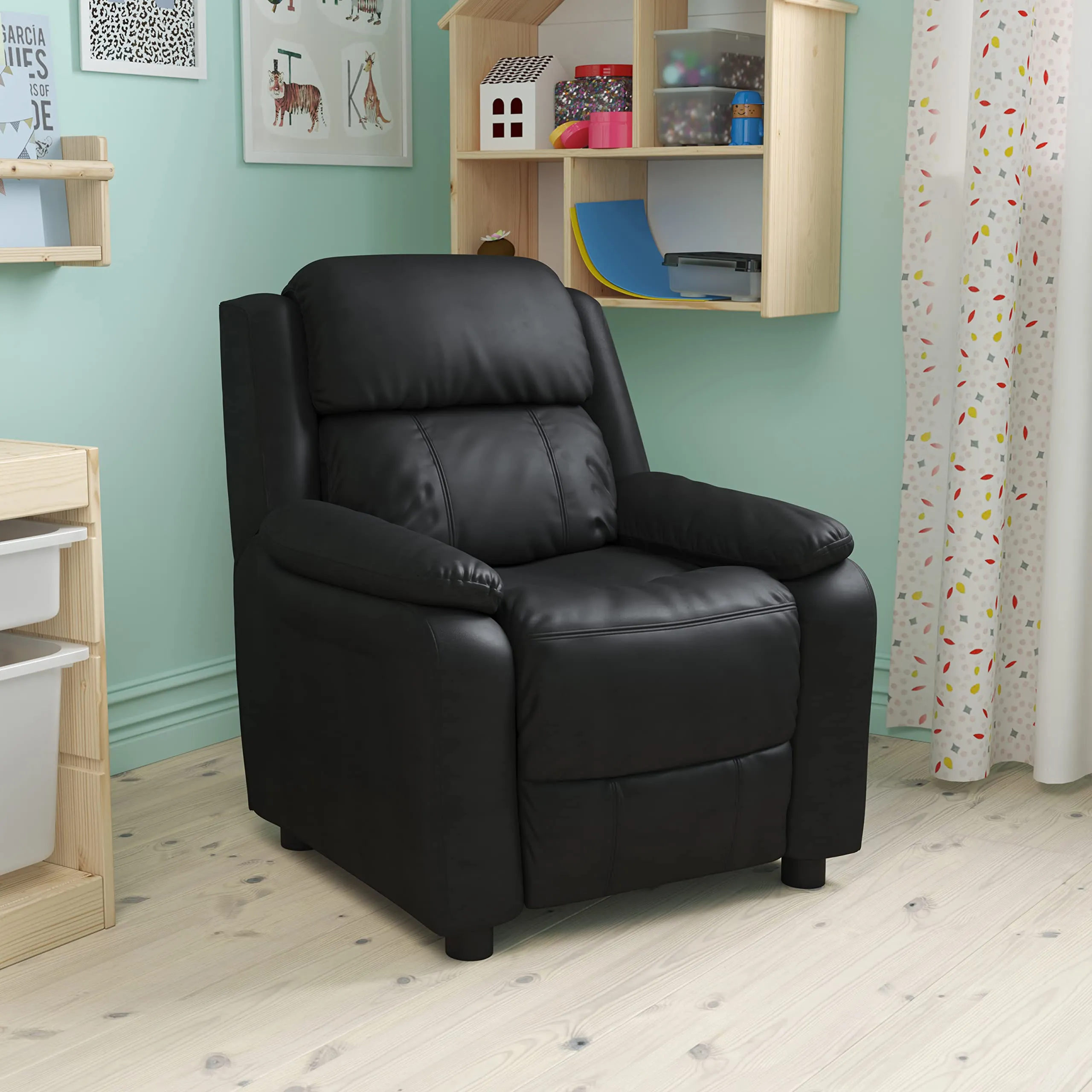 Emma + Oliver Deluxe Padded Vinyl Kids Recliner with Storage Arms