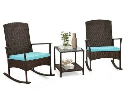 3 Piece Patio Rocking Set Wicker Rocking Chairs with 2-Tier Coffee Table-Turquoise | Costway