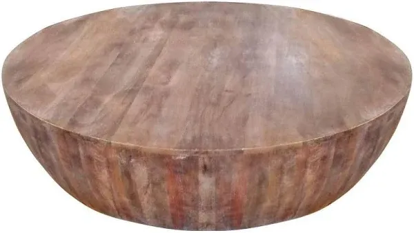 The Urban Port Arthur Handcarved Drum Shape Round Top Distressed Wooden Coffee Table