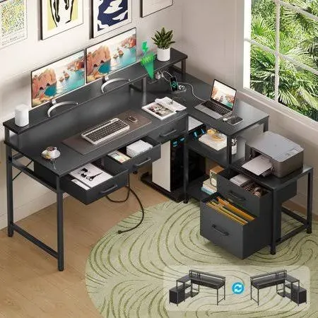 ODK L Shaped Gaming Desk with File Drawers, Reversible Computer Desk with Power Outlets & LED Lights, Home Office Desk with Storage Shelves, 53 inch