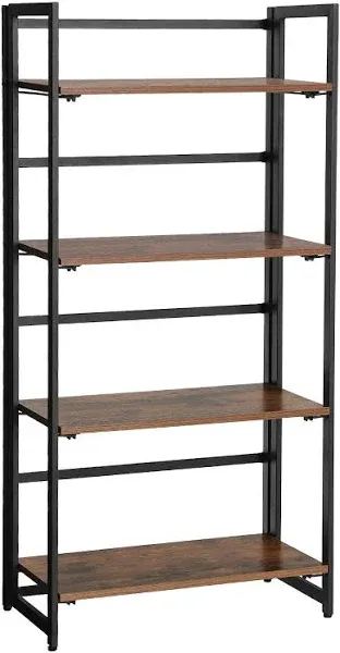 VASAGLE Industrial Bookshelf, Folding Bookcase, 4-Tier Ladder Shelf, Wood Look