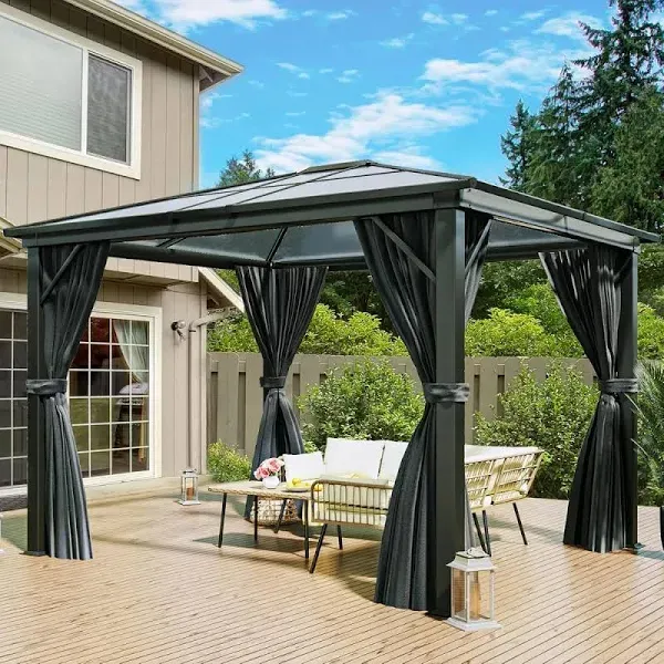 YITAHOME Hardtop Gazebo Outdoor Polycarbonate Canopy with Netting and Shaded Curtains