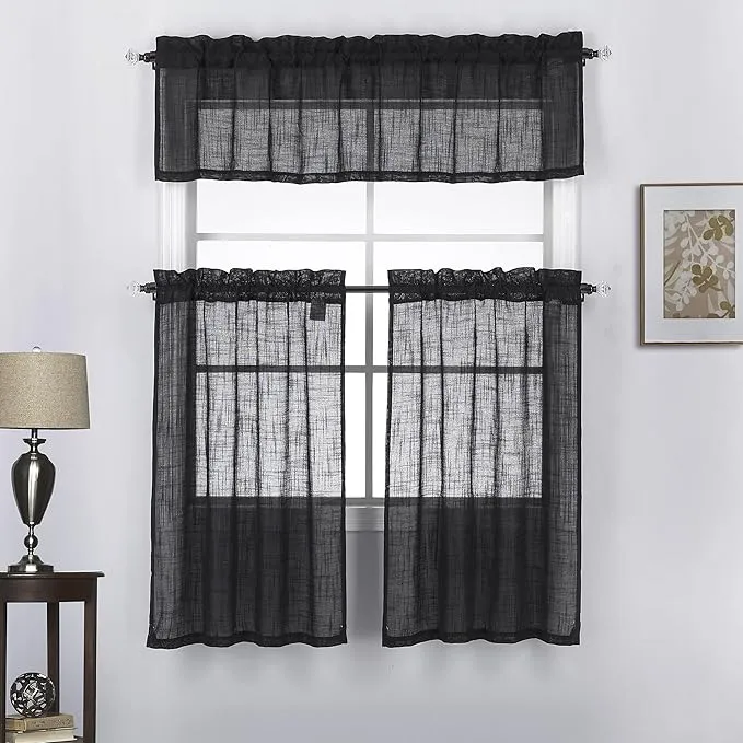 3 Piece Linen Look Rod Pocket Top Kitchen Window Curtain Tier Pair and Valance Set 36 Inch Long