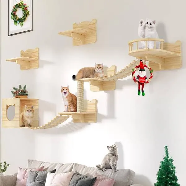 DWVO Cat Wall Shelves and Perches for Wall, Wooden Wall Mounted Cat Furniture, Set of 9 Cat Climbing Shelves with 1 Cat Wall House, 4 Wall Steps, 2