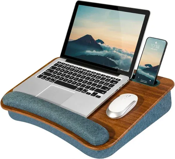 LAPGEAR Portable Laptop Lap Desk with Pillow Cushion, Anti-Slip Strip, Tablet or Phone Storage Slot, Pen and Pencil Pocket, and Wrist Rest - Espresso Woodgrain - Fits 17.3" Laptops - Style No. 91342