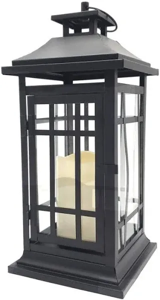 LumaBase 17" Black Window Battery-Operated Metal Lantern with LED Candle