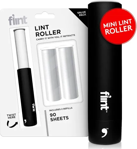 Flint Classic Black Retractable Mini Lint Roller with 90 Extra Sticky Sheets, Small and Portable Lint Roller, Ideal Pet Hair Remover Lint Roller, Travel Lint Roller, and Lint Roller for Clothes