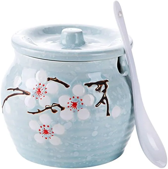 123Arts Ceramic Flower Sugar Bowl Seasoning Pot Salt Pepper Storage Jar with Lid and Spoon