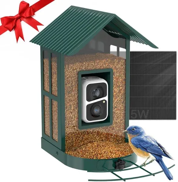  Bird Feeder with Camera Wireless Outdoor with AI Identify Bird Species, Green