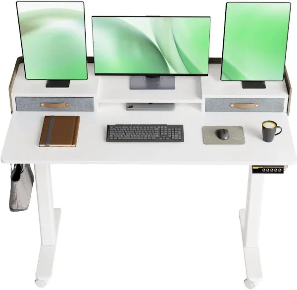 YDN Standing Desk with Drawers, 48 Inch Standing Desk Adjustable Height, Adjustable Electric Stand Up Sit Stand Small Desk with Storage and Shelf, White