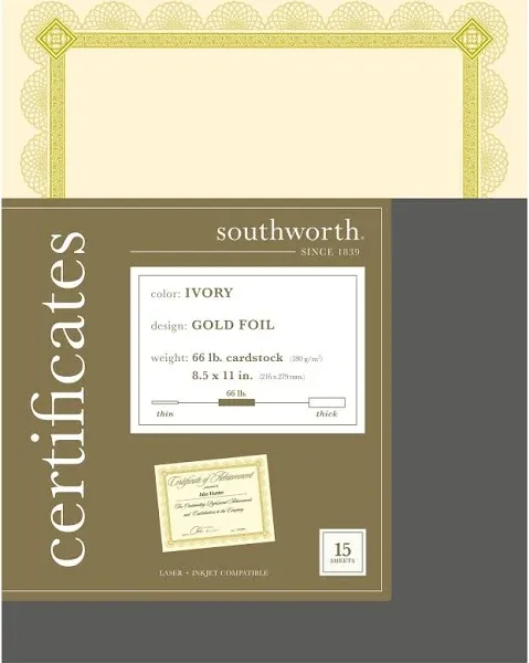 Southworth Premium Certificates Ivory Spiro Gold Foil Border 66 lb 8.5 x 11