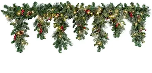 Haute Décor 6' Battery Operated Pre-Lit LED Mixed Greenery Christmas Cascading Artificial Mantel Swag White Lights