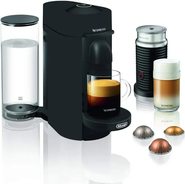 Vertuo Plus Deluxe Single Serve Cup Matte Black Coffee Maker and Espresso Maker with Aerocon Milk Frother