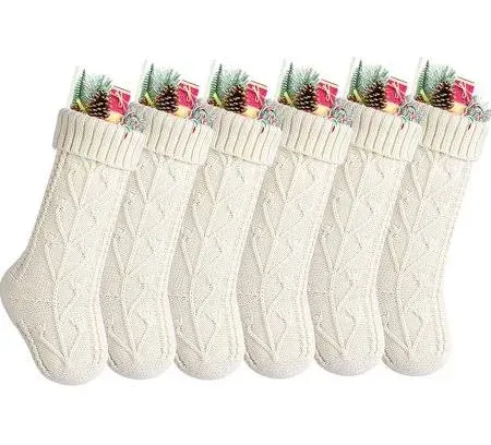 Fesciory Christmas Stockings, 6 Pack 18 Inches Large Size Cable Knitted Stocking Gifts & Decorations for Family Holiday Xmas Party, Ivory White