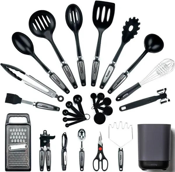 Silicone Kitchen Utensils Set &amp; Holder: Cooking Utensils Set - Kitchen Essent...