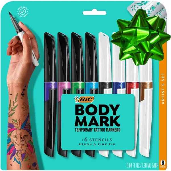 Set/8 Body Tattoo Markers + 6 Stencils in Bright Colors