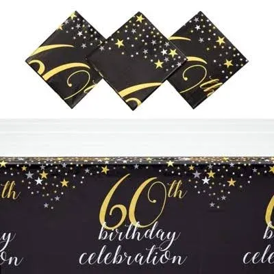 3 Pack 60th Birthday Tablecloth, Disposable Plastic Table Covers, 54x108 in, Black