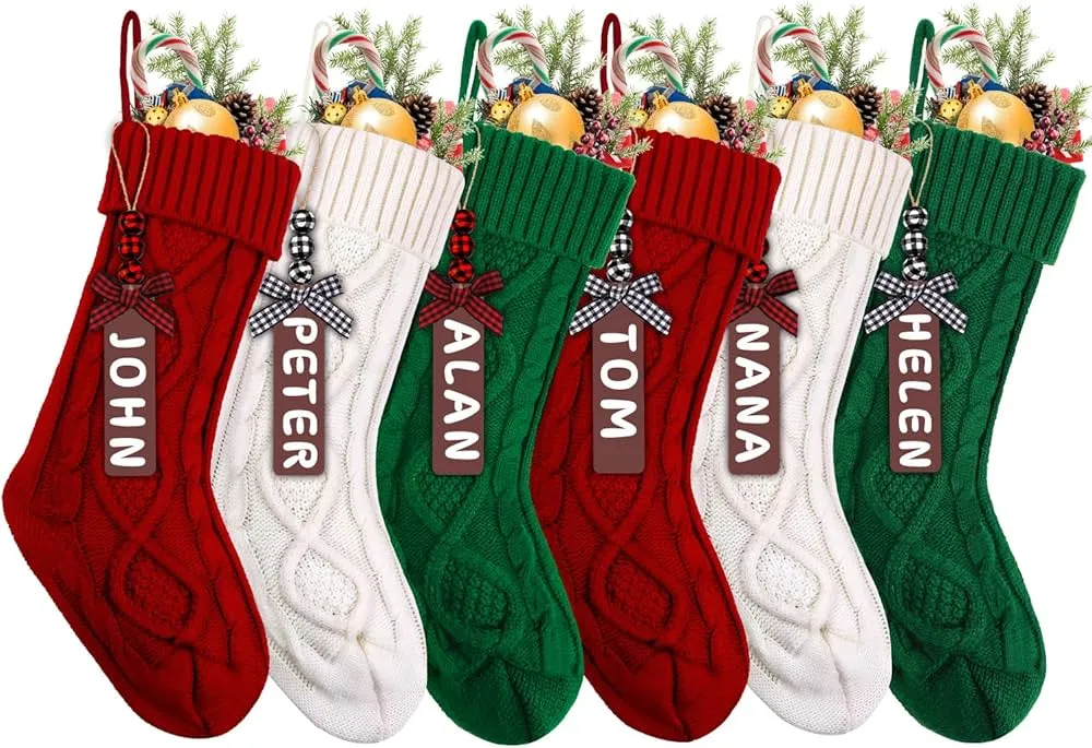 XIMISHOP 6PACK Christmas Stockings,18Inches Large Cable Knitted Stocking Personalized Xmas Hanging Stocking Decorations with Name Tags for Holiday Christmas Party Family Decor (Red White Green)