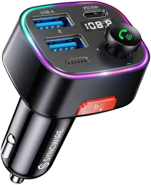 Bluetooth 5.3 FM Transmitter, Car Adapter 48W (PD 36W &amp; 12W) [Light Switch] HiFi