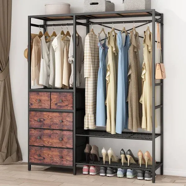 Auromie Clothes Rack with 5 Drawers & 4 Storage Shelves 59.1w*70.9h Heavy Duty Clothing Rack with 2 Hanging Rods