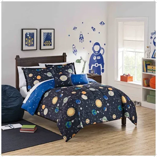  Space Adventure Modern Graphic Kids 3-Piece Reversible Full/Queen Navy Blue