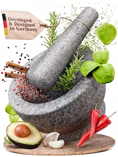 ChefSofi Mortar and Pestle Set - 6&#034; - 2 Cup Capacity - Unpolished Heavy Granite