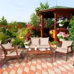 Costway 4 Piece Patio Rattan Furniture Set Acacia Wood Frame Cushioned Sofa Chair Garden Coffee