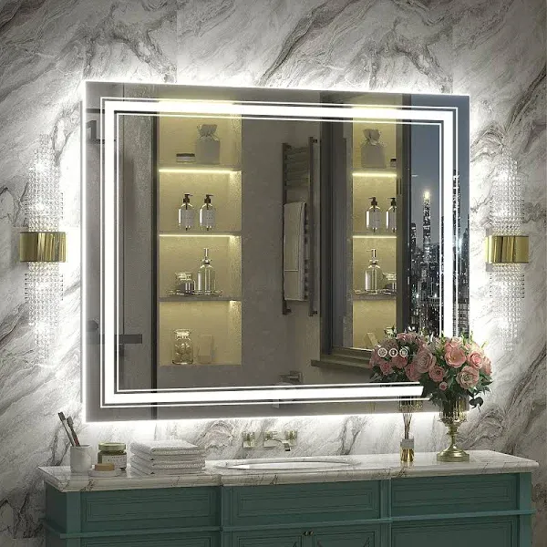 H Large Rectangular Frameless Double LED Lights Anti-Fog Wall Bathroom Vanity Mirror in Tempered Glass