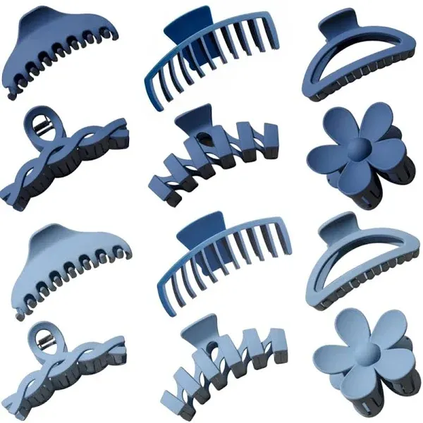 12 Pcs Claw Clips, Multi-Shapes Hair Clips for Women, Non-Slip Large Jaw Claw Clips for Thick Thin Curly Hair Accessories (Blue)