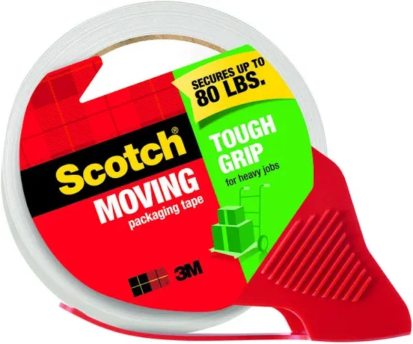 Scotch® Tough Grip Moving Packaging Tape with Dispenser, 3" Core, 1.88" x 54.6 yds, Clear