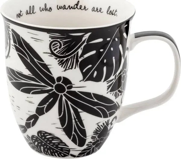 Karma Boho Black and White Dragonfly Mug~Not All Who Wander Are Lost~New!