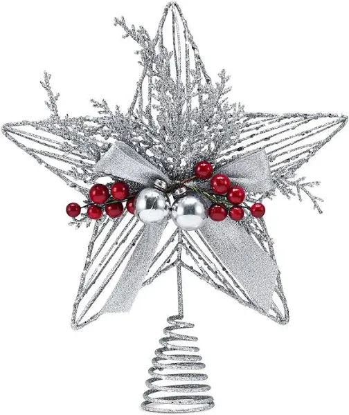  Silver Star Tree Topper - Christmas Glitter Silver Star Xmas Holiday Decor 