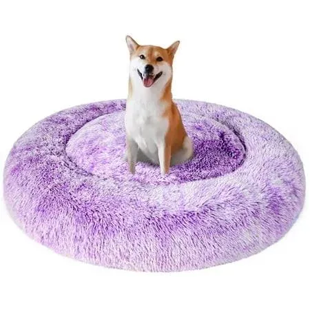 Patas Lague Calming Dog Bed for Small Dogs, Fluffy Soft Cozy Cat Bed, Faux Fur Anti-Anxiety Plush Donut Cuddler, Washable Pet Bed for All Seasons(20IN, Black)